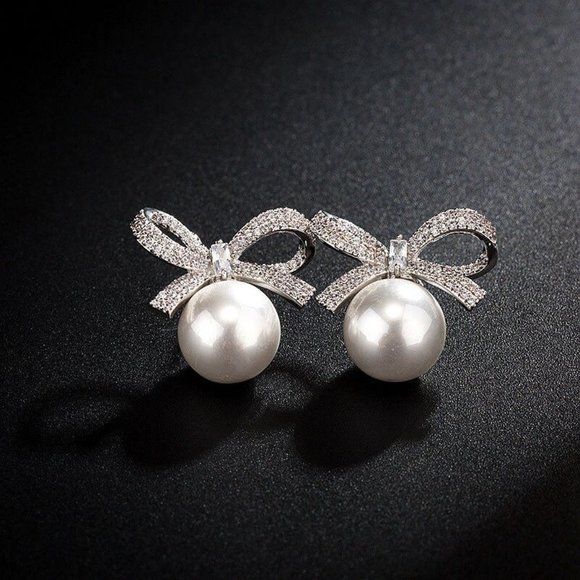 NEW Bowtie Pearl CZ Stud Earrings - Picture 2 of 5